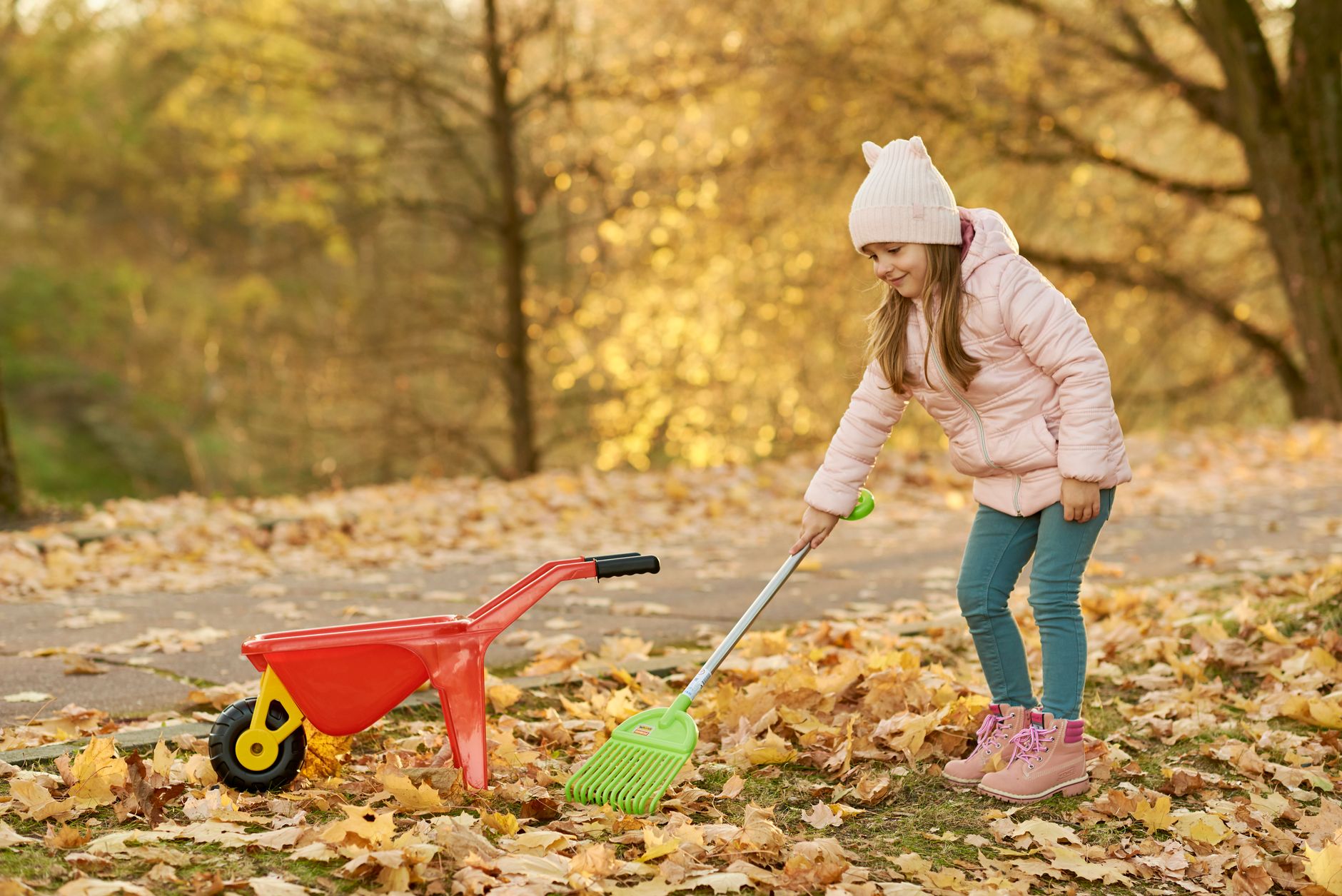 Raking fallen leaves into a pile